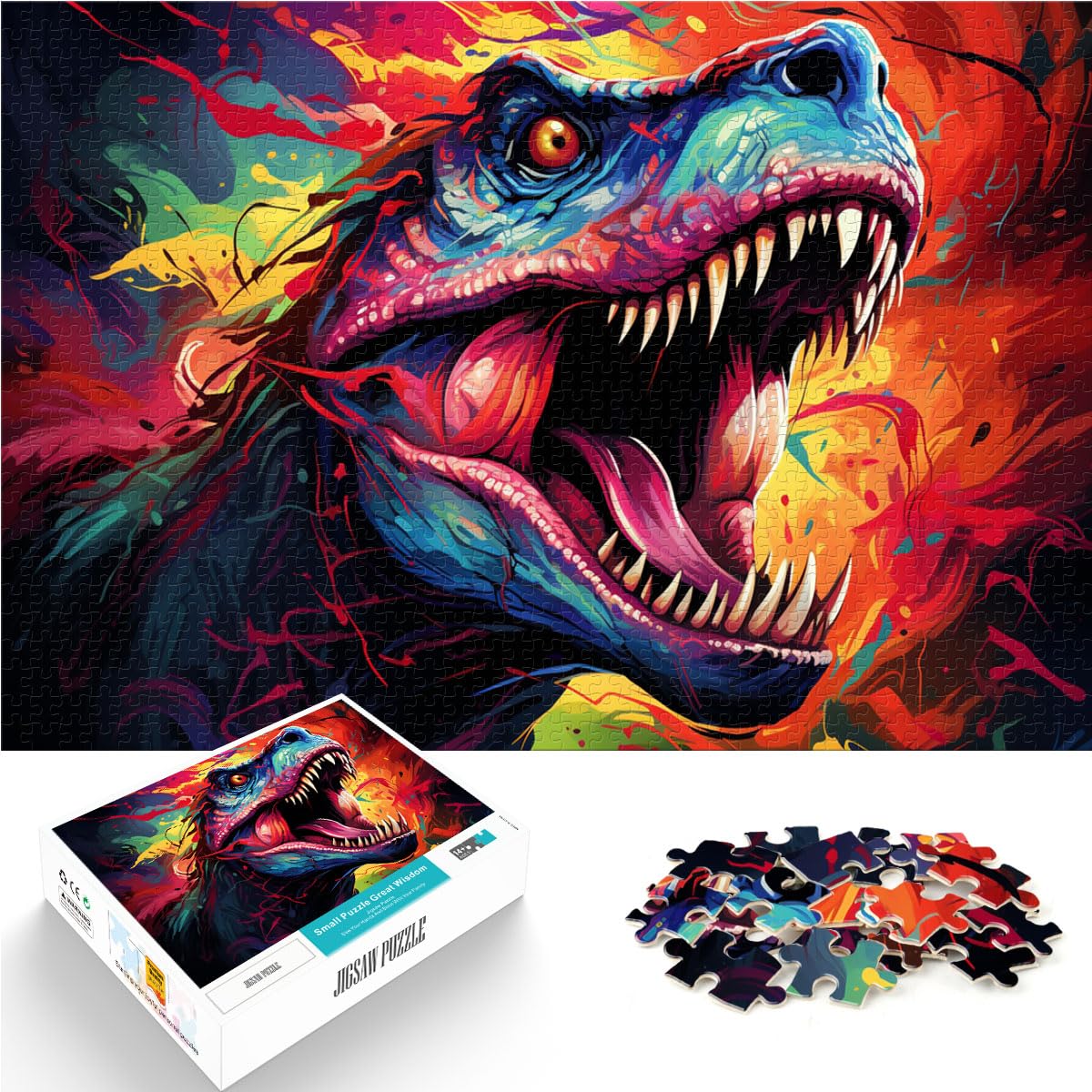 Puzzles für farbenfrohe Synthwave-Dinosaurier, 1000-teiliges Puzzle für Erwachsene, Holzpuzzles, Familienaktivität, Puzzles, Lernspiele, 1000 Teile (50 x 75 cm)