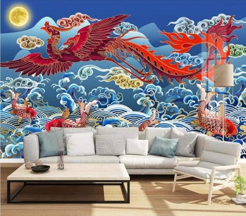 Abstrakte Wellen Roter Fisch Mond 3D Tapete Poster Restaurant Schlafzimmer Wohnzimmer Sofa TV Dekorative Wand-400cm×280cm