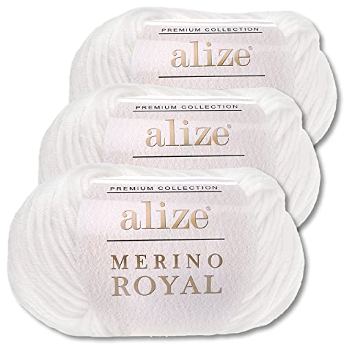 Wohnkult Alize 3x50 g Merino Royal 100% Merinowolle 9 Farben zur Auswahl Superwash Wolle Warmer (55 | Weiß)