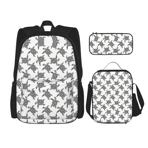 WURTON Rucksack mit Tiermotiven, Meeresschildkröten, für Mädchen, Jungen, Schultaschen, Teenager, Lunchbox und Federmäppchen, 3-in-1-Büchertaschen-Set