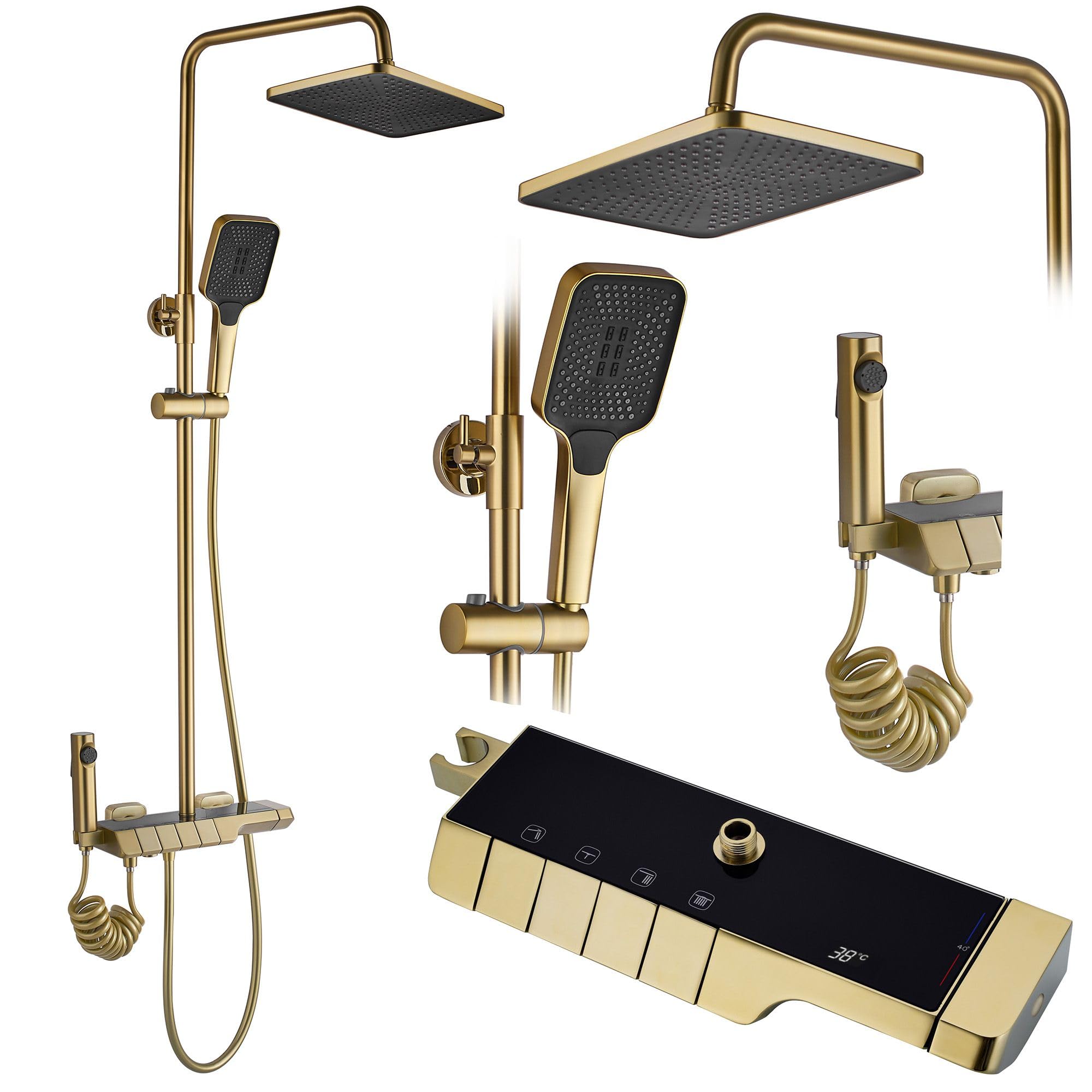 Rea Duschsystem mit Thermostat ROB Gold Brush Duschset Duscharmatur mit Duschkopf und Kopfbrause aus Messing Duschgarnitur für Badezimmer (Gebürstetes Gold)