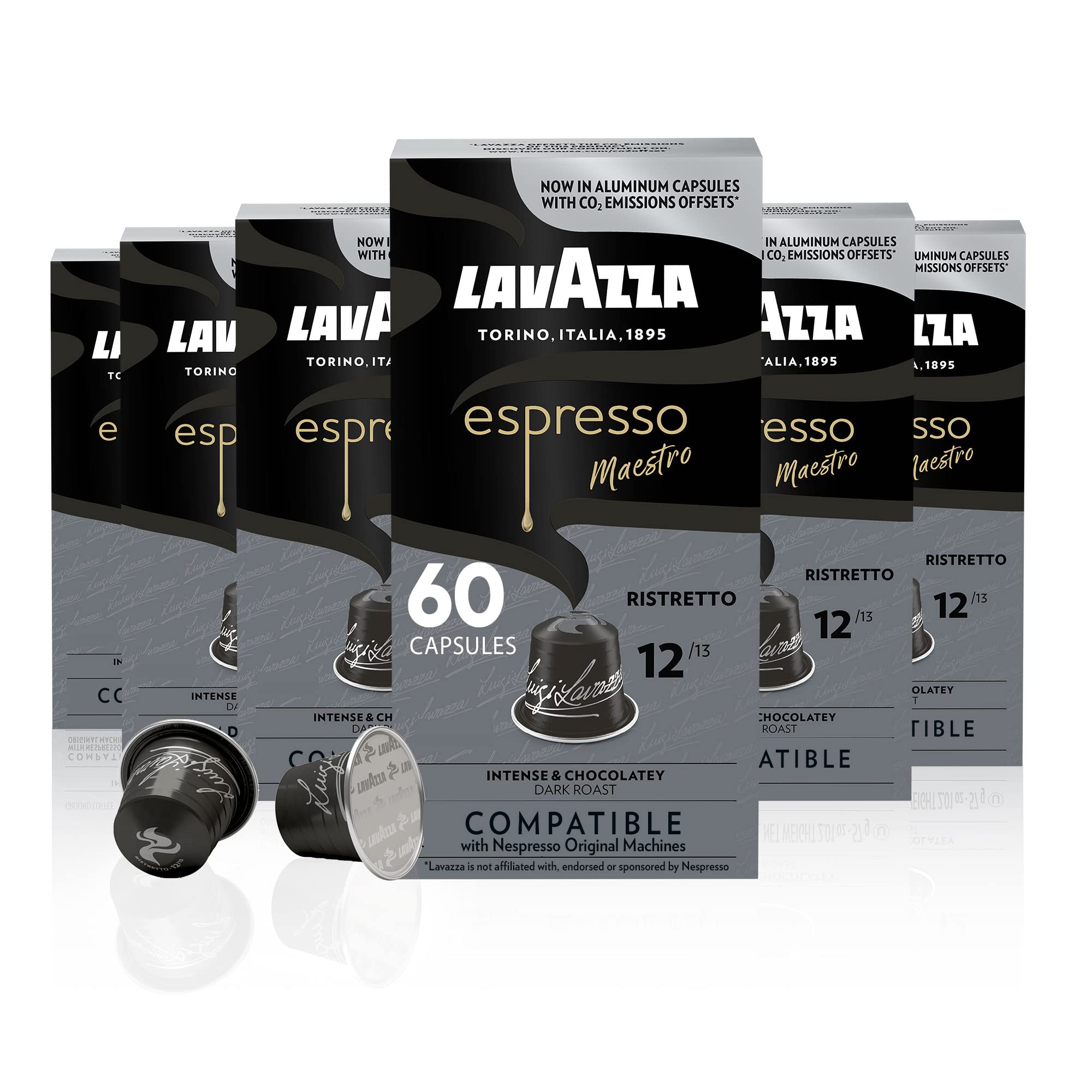 Lavazza Espresso Ristretto Dark Roast Arabica & Robusta Aluminium-Kapseln, kompatibel mit Nespresso-Original-Maschinen (60 Stück), Vorteilspack, intensiv und vollmundig, dunkle Crema, Intensität 12