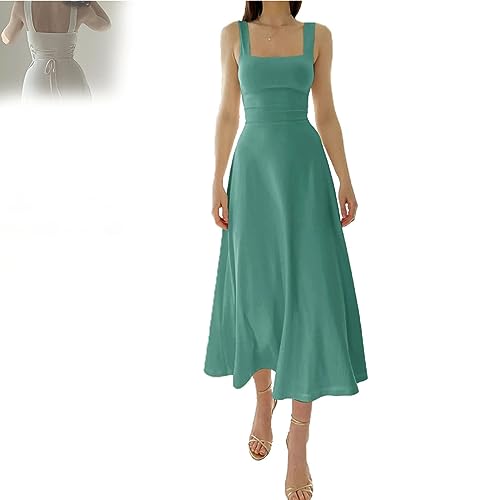 New Women's Thick Straps Midi Dress, Women's Thick Straps Dressretch, Summer Women's Thick Strap Slim-fit Waist Dress (Green,L)