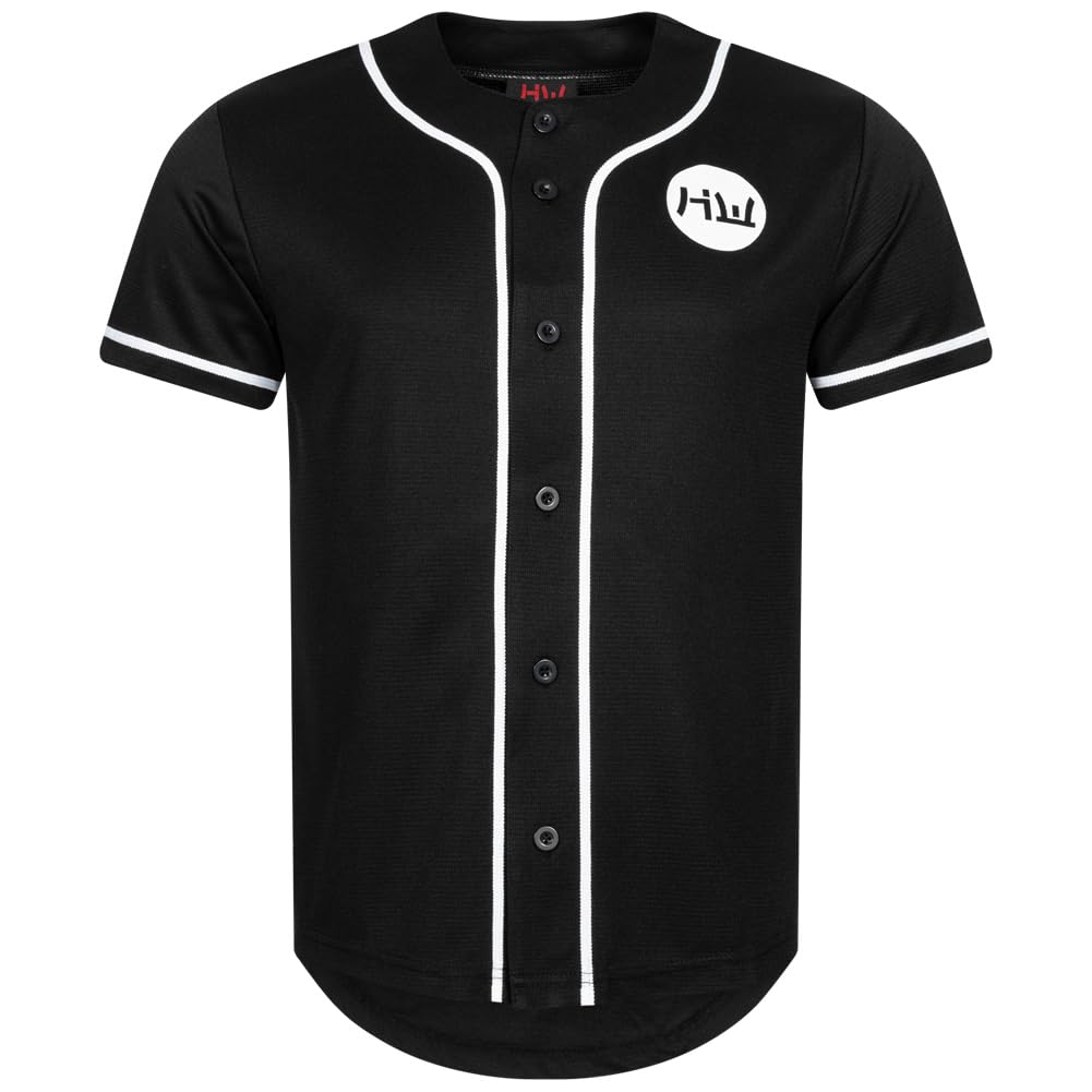 HIDETOSHI WAKASHIMA® BC Kiyota Herren Shirt im Baseball Trikot Design mit Durchgehender Knopfleiste, abgerundetem Saum und kurzen Ärmeln. In S bis 3XL (as3, Alpha, x_l, Regular, Regular, schwarz)