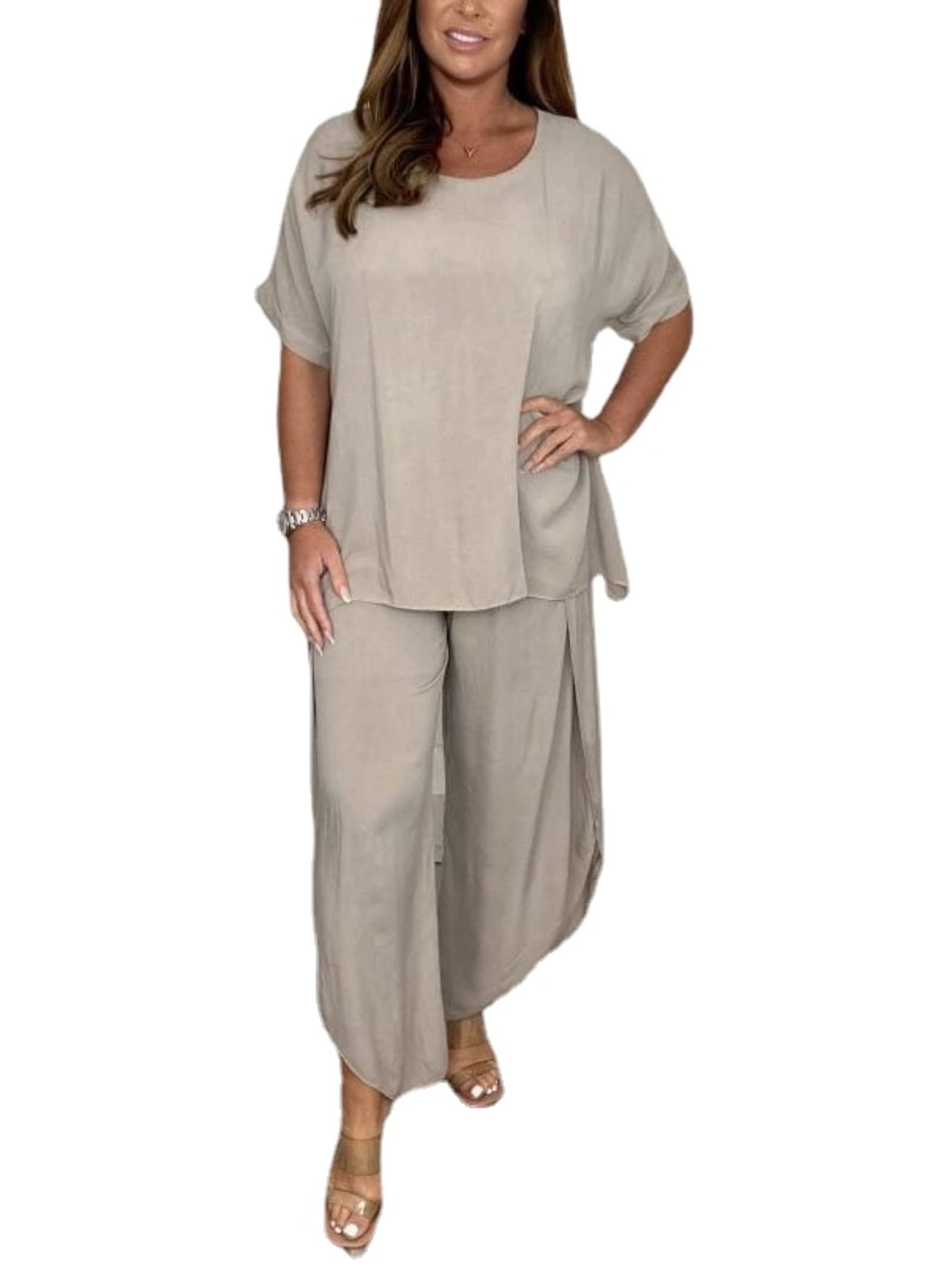 WINDEHAO 2-teiliger Hosenanzug mit Ärmeln für Frauen,Hosen mit lockeren,fließenden Ärmeln,Plus Size 5XL 2 Piece Solid Color Suit (Light khaki,M)