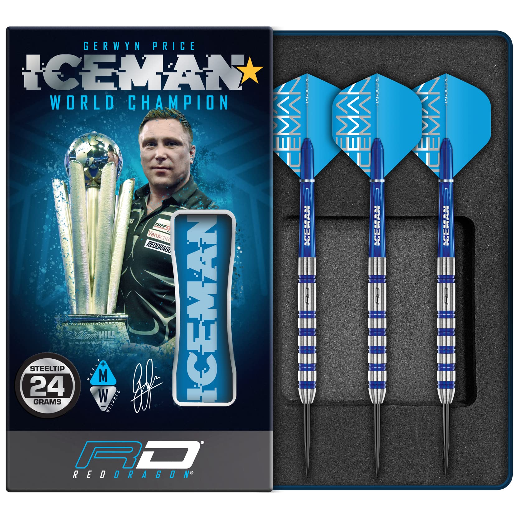 RED DRAGON Gerwyn Price Iceman Challenger 24 Gram Professional Tungsten Darts Set with Flights and Stems