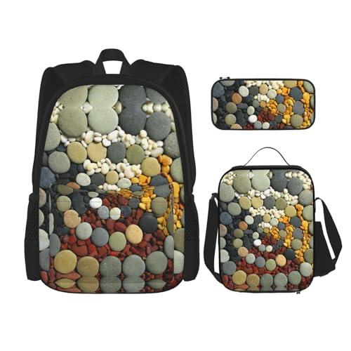 WURTON 3-in-1-Büchertaschen-Set mit rundem Kopfsteinpflaster-Druck Rucksack für Mädchen und Jungen, Schultaschen, Teenager, Lunchbox und Federmäppchen