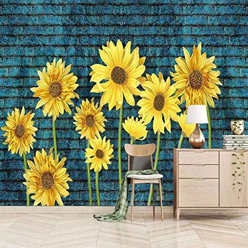 Sonnenblumen Auf Einer Blauen Backsteinmauer 3D Tapeten Wanddekoration Fototapete Sofas Wohnzimmer Wandbild Schlafzimmer-430cm×300cm