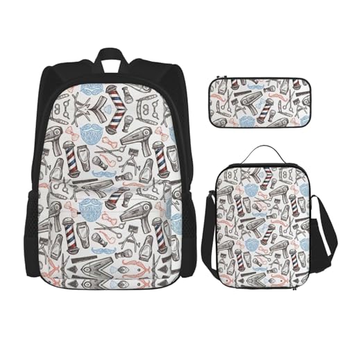 WURTON Barber Supplies Schulterrucksack, 3-in-1, Büchertaschen-Set, Lunchbox, Federmäppchen, Reise-Laptop-Tagesrucksäcke, Schwarz, Einheitsgröße