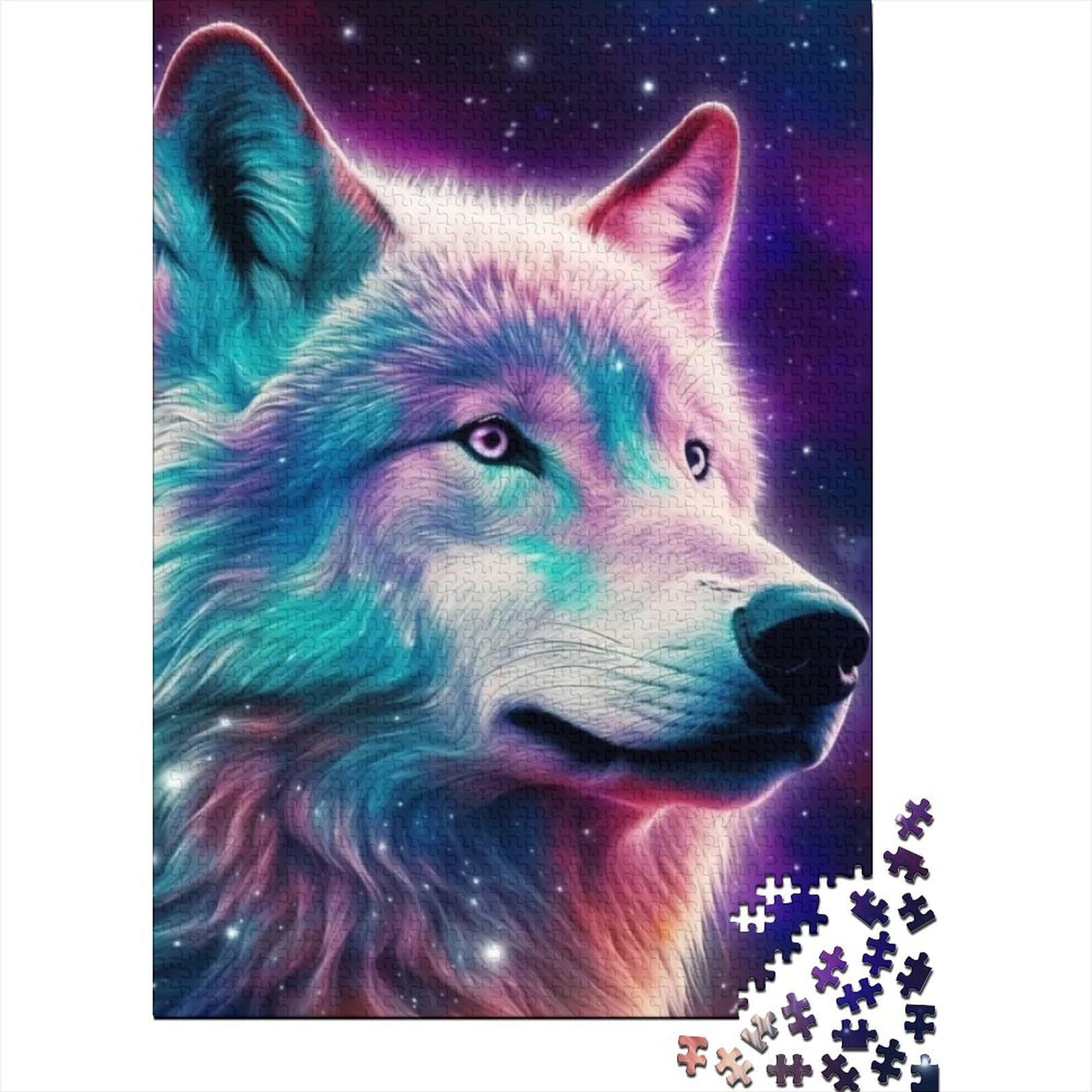 Holzpuzzle „Cosmic Wolfs“ | Puzzle für Erwachsene, 1000 Teile, Puzzle für Erwachsene, Puzzle, Mitmachspiel, Familiendekoration, 75 x 50 cm