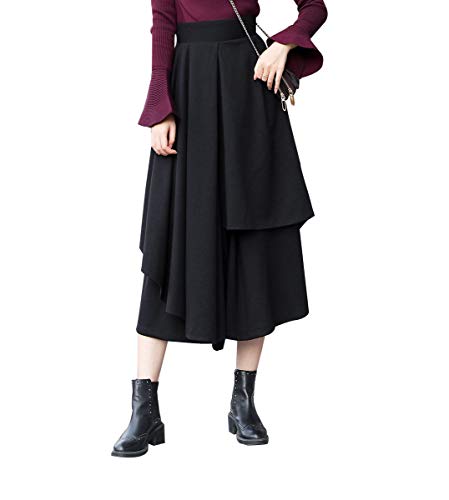 Damen Elegante Wolle Unregelmäßiges Langen Rock Hose Mode Warm Elastische Taille Herbst und Winter Pleated Midi Wolle Flared Röcke (M (Elastische Taille: 68 cm), Schwarz 1)