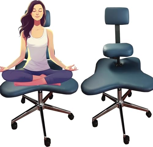 Ergonomischer Bürostuhl mit gekreuzten Beinen und Rollen, Verstellbarer Meditationshocker ohne Armlehnen, Schreibtischsitz für Erwachsene zum Sitzen mit gekreuzten Beinen, Blau