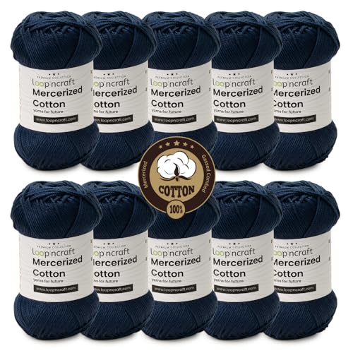 Mercerized Cotton 10er-Set, Marineblau, Loopncraft, 10 X 50g, Amigurumi Garn, Premium, 100% merzerisierte, gekämmte und gasierte Baumwolle