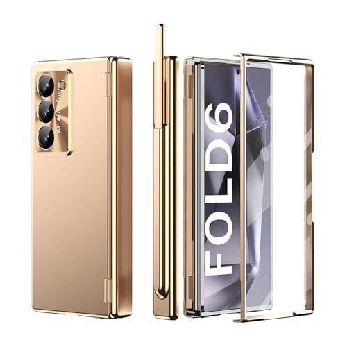 SUREKYA Schutzhülle für Samsung Galaxy Z Fold 6 mit S-Stifthalter, magnetischem Scharnierschutz, harte PC-Schutzhülle mit Displayschutzfolie, vollständiger Schutz, goldfarben