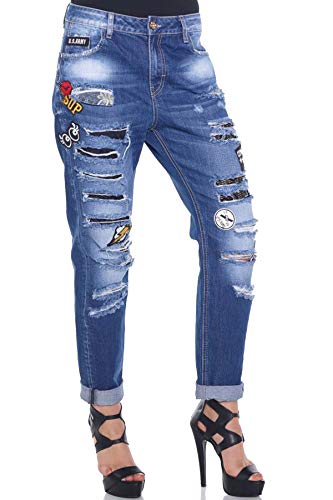 Cipo & Baxx Damen Jeans Jeanshose Denim Slim Fit Used Destroyed Patches Pants WD298 Blau W29 L34