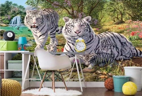 Niedlicher Cartoon Grüner Wald Weißer Tiger 3D Tapete Poster Restaurant Schlafzimmer Wohnzimmer Sofa TV Dekorative Wand-200cm×140cm