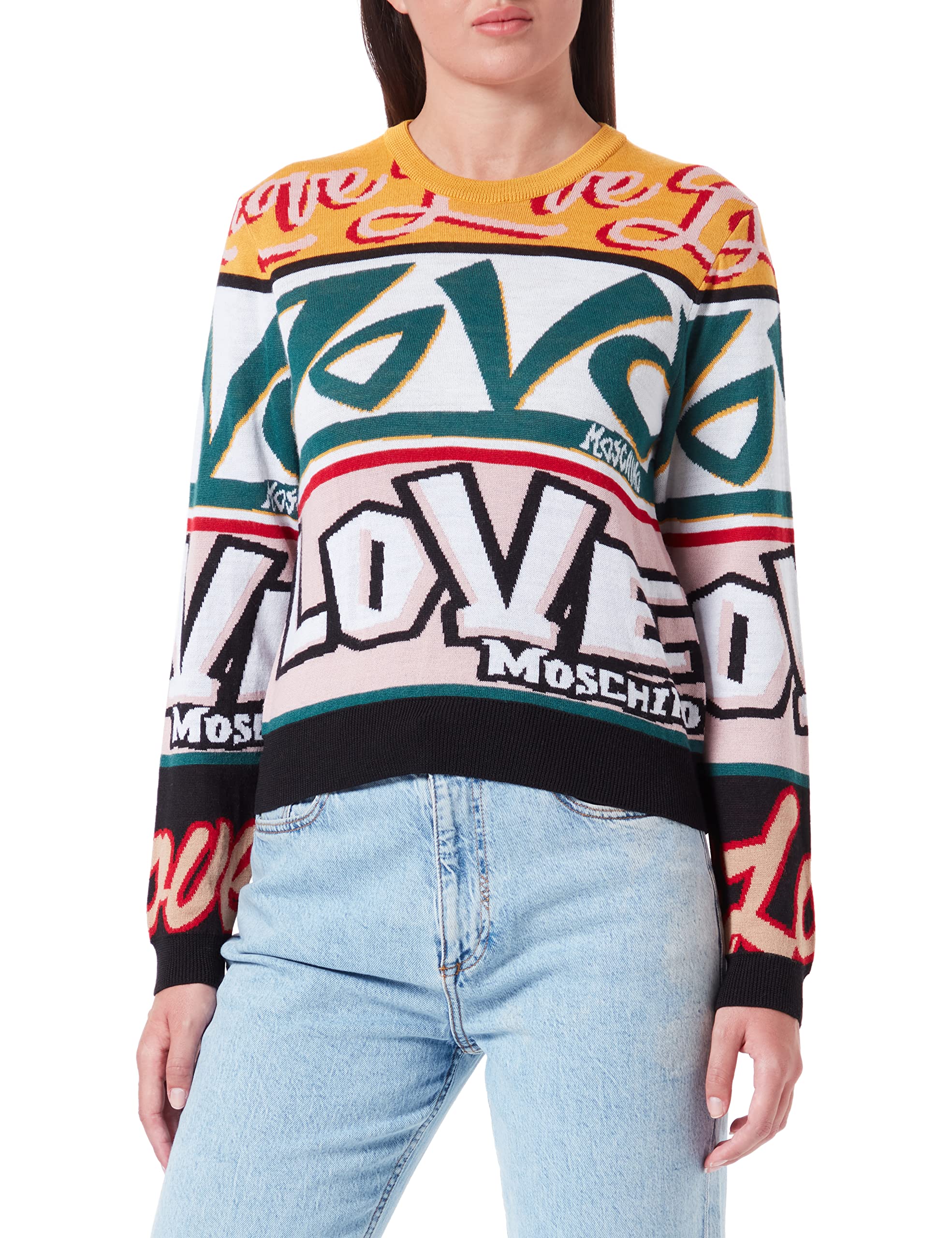 Love Moschino Damen Regular Fit Long-sleeved With Allover Graffiti Jacquard pullover, Yellow, Pink, Red, Green, Black, 46 EU