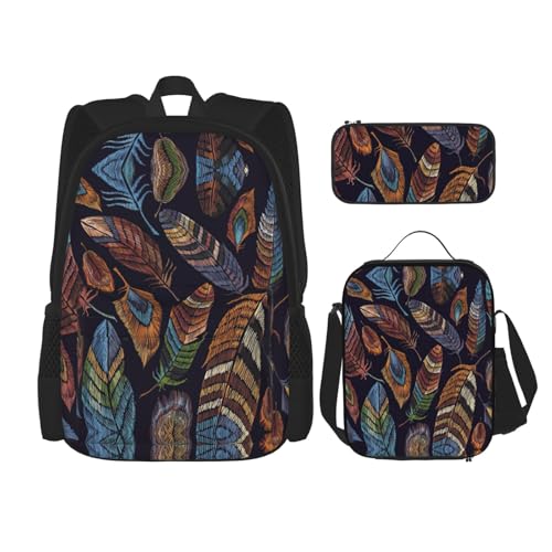 WURTON Schulrucksack-Set mit Pfauenfeder-Druck, 3-in-1-Büchertaschen-Set mit Lunchbox, Federmäppchen, Reise-Laptop-Tagesrucksäcke