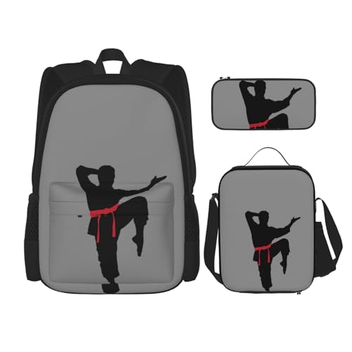 WURTON Rucksack mit Karate-Aufdruck für Mädchen, Jungen, Schultaschen, Teenager, Lunchbox und Federmäppchen, 3-in-1-Büchertaschen-Set