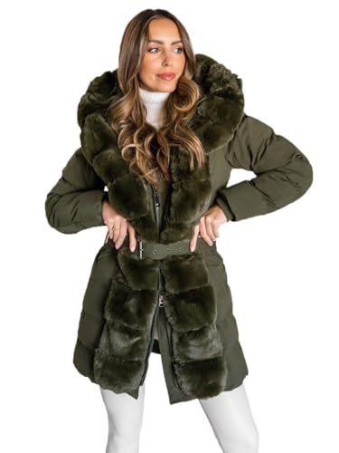 BOLF Damen Winterjacke Parka Gefüttert mit Kunstfell Kapuze Wintermantel Lange Steppjacke Daunenjacke Puffermantel Sportjacke Warm Gefüttert Freizeit Outdoor Casual Style 5M3158 Khaki M [D4D]