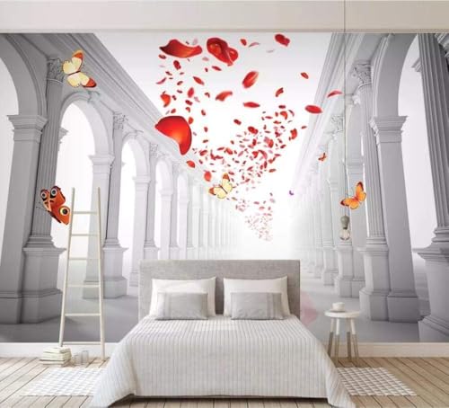 Rote Blütenblätter Schmetterlinge Promenade 3D Tapete Poster Restaurant Schlafzimmer Wohnzimmer Sofa TV Dekorative Wand-430cm×300cm