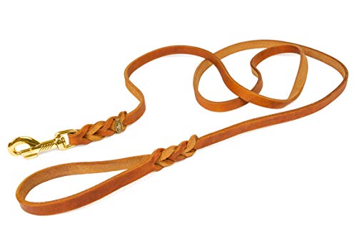 CopcoPet - Fettlederleine mit Messing Karabiner, Cognac 2,2 m x 15 mm