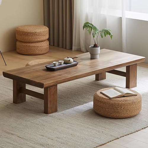 Niedriger Couchtisch zum Sitzen auf dem Boden, japanischer Bodentisch aus Massivholz, hölzerne Couchtischmöbel für Wohnzimmer, Empfangsräume, Tatami (Holzfarbe 55,2 x 23,7 x 15 Zoll) (Kaffeefarbe 23,