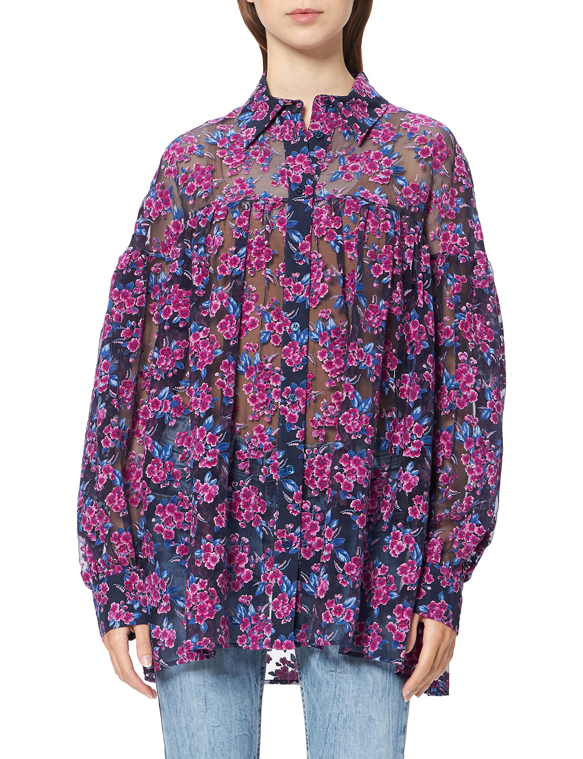 Love Moschino Damen Loose fit Long Sleeved All-Over devoré Flowers,with Gathering at Cut Above The Chest Shirt, F.BLU/FIO.Viola, 40