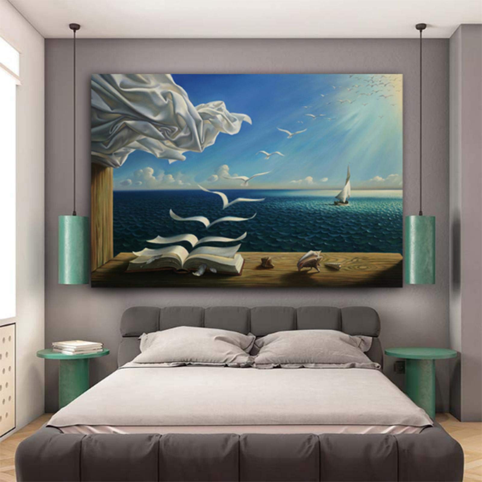 HOLEILUCK Salvador Dali Landschaft Leinwand Gemälde Poster und Drucke Wellen Buch Segelboot Wandkunst Bild für Wohnzimmer Wohnkultur 70 x 90 cm (28 36 Zoll) Mit Rahmen