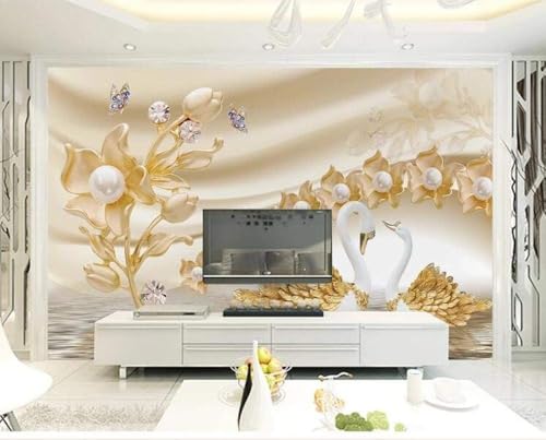 Goldene Blumen Schwäne Schmetterlinge 3D Tapete Poster Restaurant Schlafzimmer Wohnzimmer Sofa TV Dekorative Wand-430cm×300cm