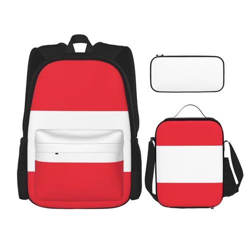 WURTON Trendige Rucksacktaschen mit Österreichischer Flagge, Lunchbox und Federmäppchen, 3-in-1, verstellbares Rucksack-Set, Schwarz , Einheitsgröße