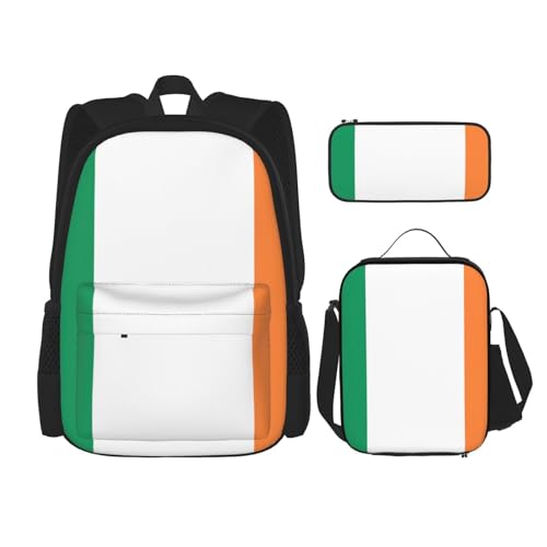 WURTON Schulterrucksack, Motiv: irische Flagge, 3-in-1, Büchertaschen-Set, Lunchbox, Federmäppchen, Reise-Laptop-Tagesrucksäcke