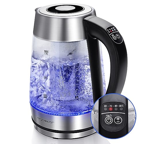 Aigostar Cris - 2200W 1.7L Edelstahl Glas Wasserkocher mit LED Beleuchtung, Temperatureinstellung (60°C-100°C), Teekocher mit Teesieb und Kalkfilter, Warmhaltefunktion .EINWEGVERPACKUNG