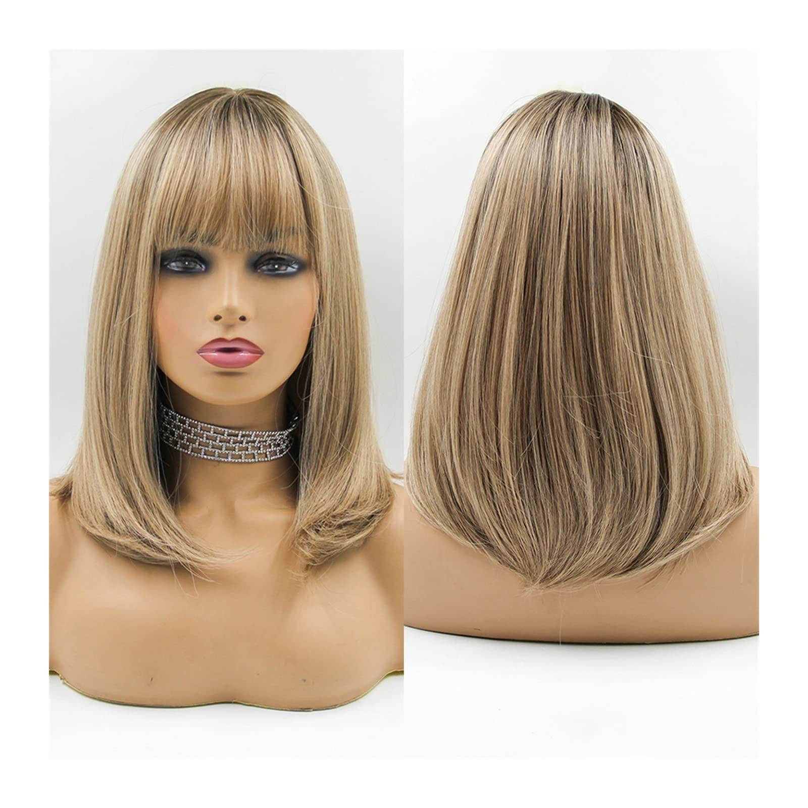 Haarteile Ombré-blonde Perücken mit Pony, mittlerer, gerader Bob, synthetische Perücken for Frauen, natürlich aussehende tägliche Cosplay-Perücke aus hitzebeständigen Fasern Perücken