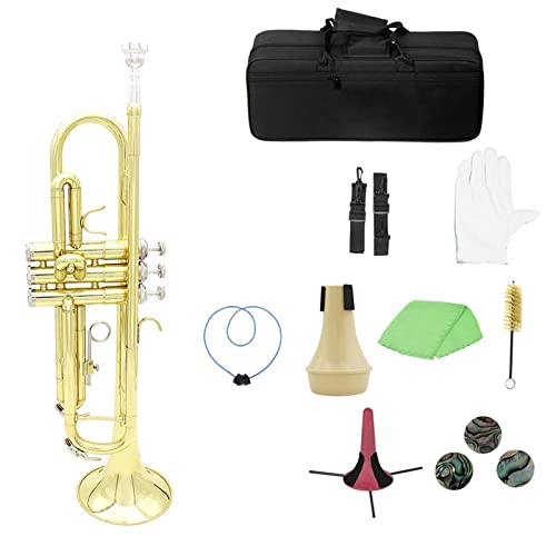 ZENGXUE Messing Trompete BB B Wohnung Mit Mundstück Tragetasche Tuner Mute Trompete Standhandschuhe Reinigungswerkzeuge Windinstrument Standard-Trompetenset (Color : Gold)