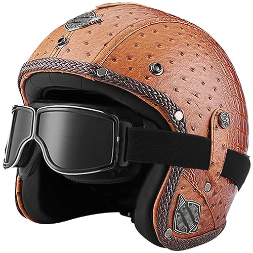 Motorradhelm Jethelme Lederhelm Retro Leder-Helm Vintage Mopedhelm mit Brille Maske Motorradkreuzer-Rollerhelm im Deutschen Stil für Männer und Frauen,H-XL(61~62cm)