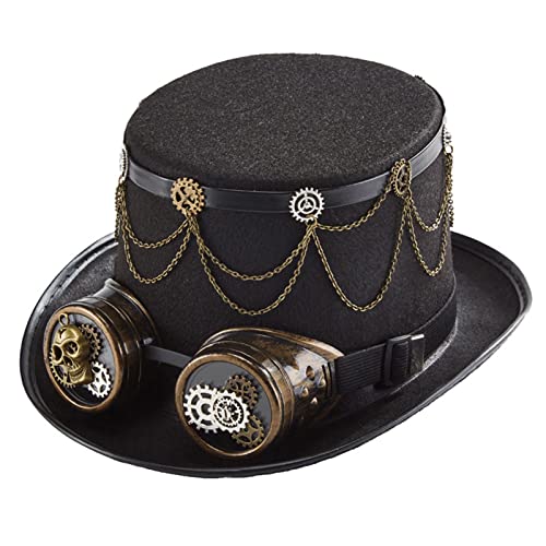 LARUISEE Black Punk Gear Goggles Top Hat Halloween Hut Steampunk Hut Top Hat Viktorianisches Kostüm für Unisex Halloween Party Steampunk Hüte