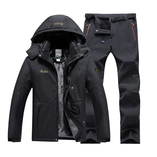 Skiganzug Für Männer, Männer Winter Wasserdichte Winddichte Kapuzenjacke Und Hosen Mit Gürtelset, Außenanzug Im Freien, Anzug, Für Liebhaber Von Casual Ski -Anzug Im Freien (Color : Black, Size : 3X