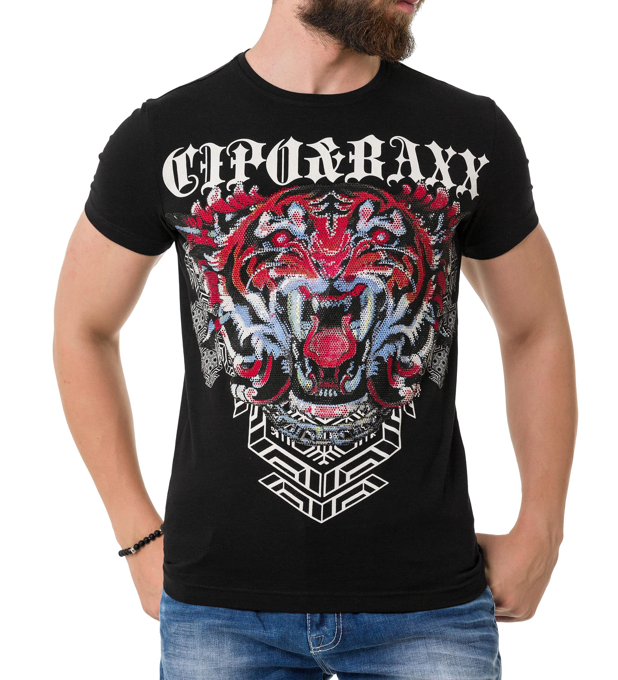 Cipo & Baxx Herren Strasssteine T-Shirt Print Kurzarm CT729 Schwarz L