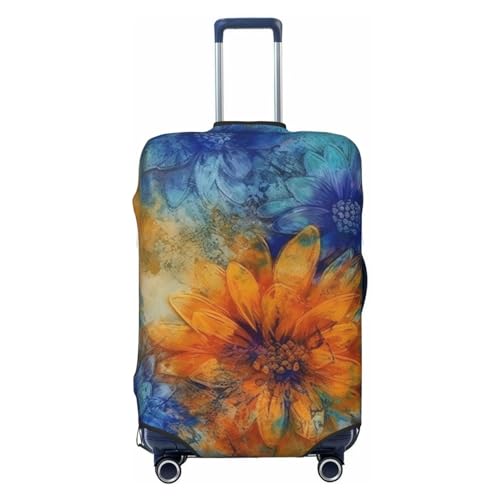 CSGJMYGS Reisegepäckabdeckung, elastisch, waschbar, modisch, kratzfest, blaue und orangefarbene Blumen, Kofferschutz, passend für 45,7 - 81,3 cm Gepäck, Schwarz , XL