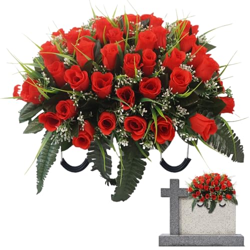 AOpghY Friedhofsblumen für Grabkünstlern Realistische Seidengräbchen Blumenstrauß mit Sattel 20x12 in dekorativen dauerhaften lebhaften Friedhofs (rot) Künstliche Pflanzen