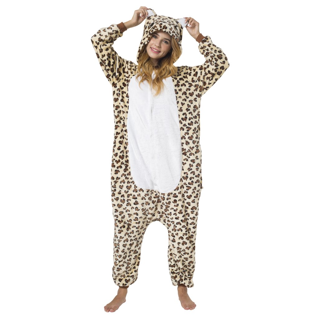 Katara 1744 - Leopard Kostüm-Anzug Onesie/Jumpsuit Einteiler Body für Erwachsene Damen Herren als Pyjama oder Schlafanzug Unisex - viele Verschiedene Tiere