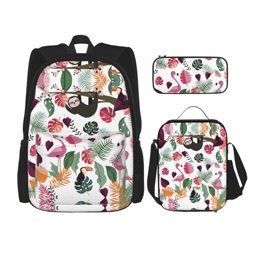 WURTON Schulterrucksack, Faultier in Rosa, tropischer Dschungel-Druck, 3-in-1, Büchertaschen-Set, Lunchbox, Federmäppchen, Reise-Laptop, Tagesrucksäcke, Schwarz, Einheitsgröße