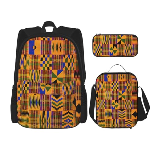 WURTON Schulterrucksack, afrikanisches Webmuster, 3-in-1, Büchertaschen-Set, Lunchbox, Federmäppchen, Reisen, Laptop, Tagesrucksäcke, Schwarz, Einheitsgröße