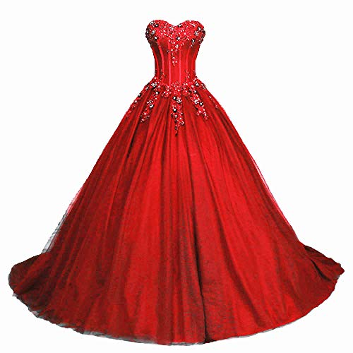 Zorayi Damen Glitzer Trägerlos Tüll Spitze Prinzessin Abschlussballkleider Ballkleid Hochzeitskleider Rot Größe 48