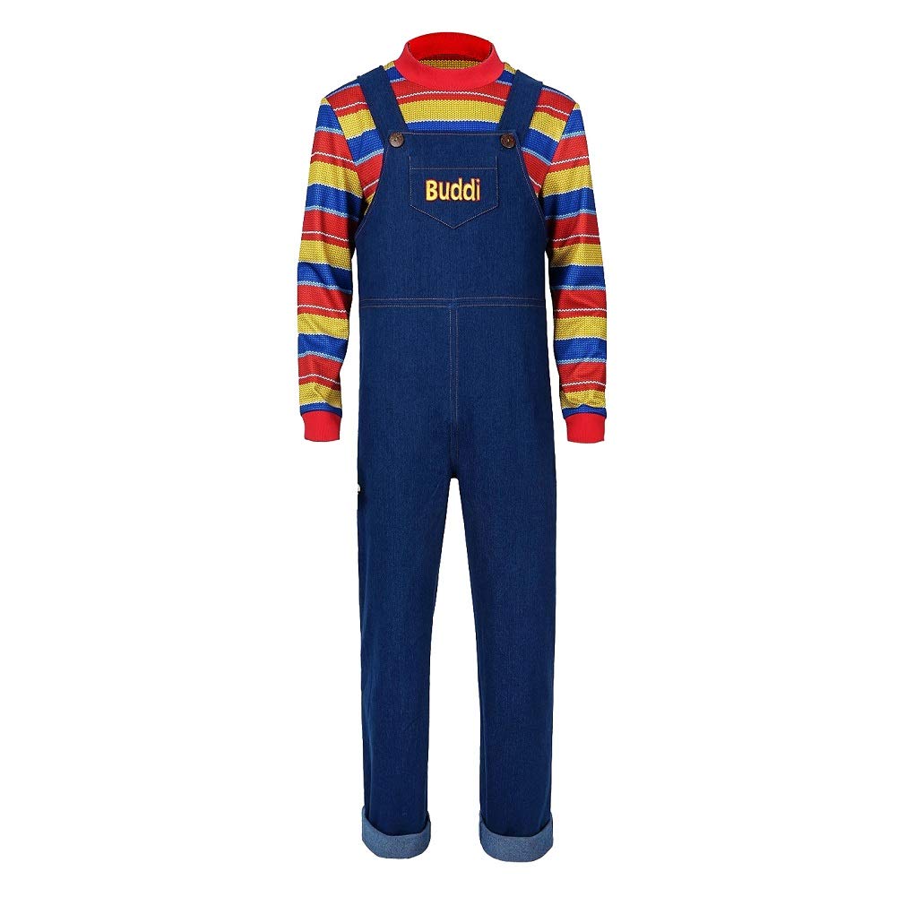 AYYOHON Regenbogen-gestreiftes Hemd, Denim-Overall, Herren, Halloween, Horrorpuppe, Cosplay-Kostüm für Erwachsene, Größe L