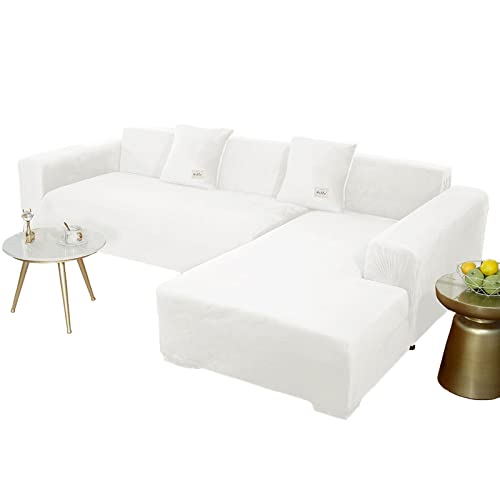 JHLD Sofabezug L Form, Stretch Sofabezug Samt L-förmiger Sofabezug Weiche Anti-rutsch Sofa Überwürfe Für Ecksofa-Weiß-3 Sitzer+4 Sitzer