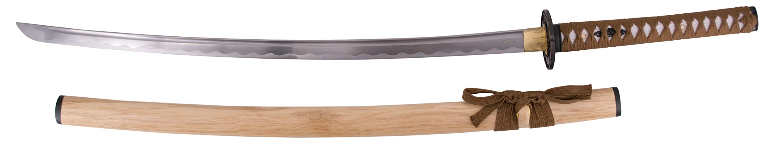 Funktionelles Katana S2220 mit Einer 102 cm Langen Klinge aus Kohlenstoffstahl AISI 1045, geschärft. Mit Holzscheide und brauner Scheide, sowie Ersatz-Tsuba, Halter und Holzbox.