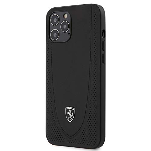 Ferrari Schutzhülle aus Leder, Schwarz mit silberfarbenem Logo, kompatibel mit iPhone 12 Pro Max (6,7 Zoll), FEOGOHCP12LBK