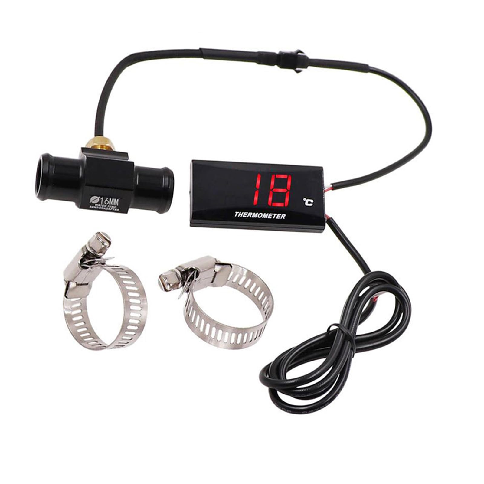 Universal Motorrad Thermometer Instrumente Digital Anzeige Temperatursensor mit Metallsonde Wassertemperatur plus Messfühler Adapter (22 mm)